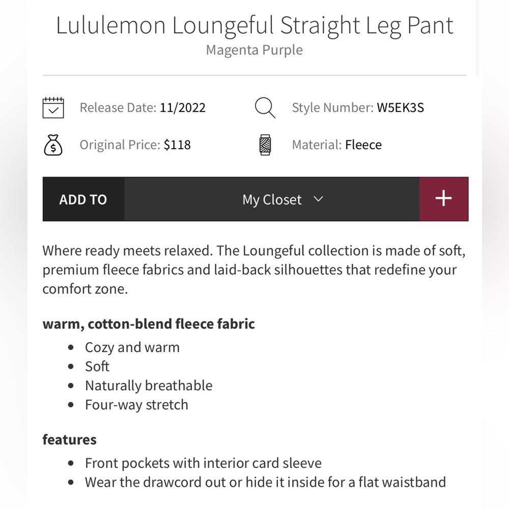 Lululemon Loungeful Straight Leg Pant  Magenta Purple Size :14 - Picture 11 of 11